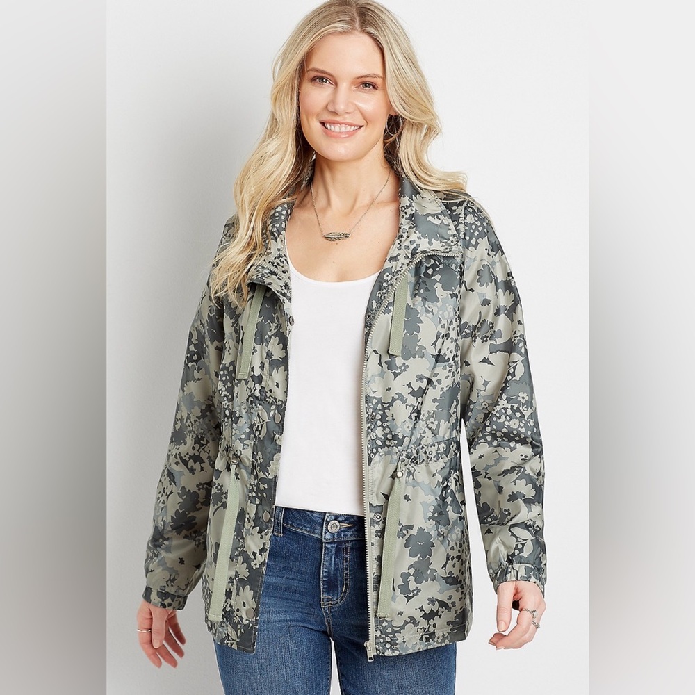 Floral Camo Cinch Waist Windbreaker Jacket Drawstring Lightweight Plus 0X 14-16